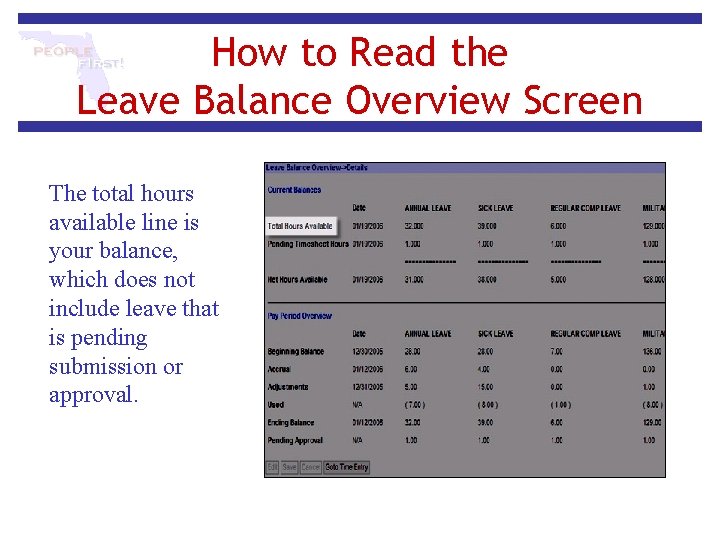 How to Read the Leave Balance Overview Screen The total hours available line is