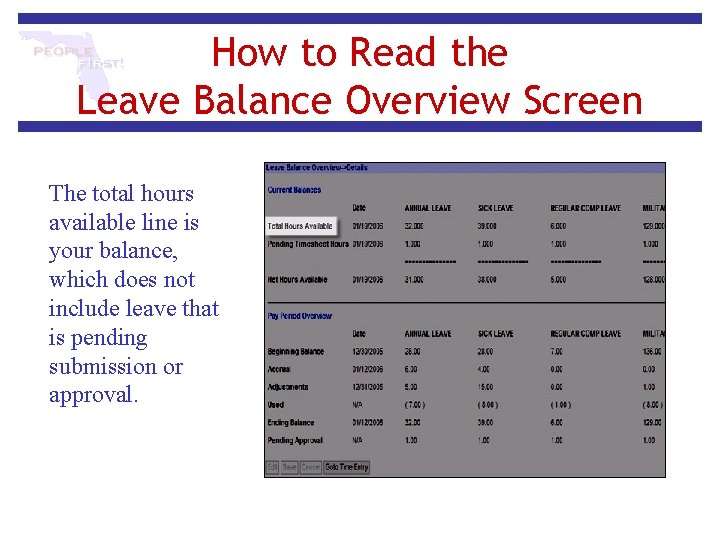 How to Read the Leave Balance Overview Screen The total hours available line is How to Read the Leave Balance Overview Screen The total hours available line is