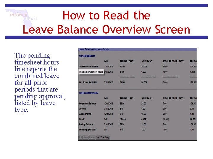 How to Read the Leave Balance Overview Screen The pending timesheet hours line reports How to Read the Leave Balance Overview Screen The pending timesheet hours line reports