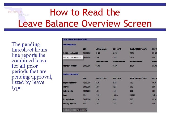 How to Read the Leave Balance Overview Screen The pending timesheet hours line reports