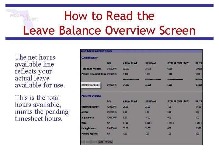 How to Read the Leave Balance Overview Screen The net hours available line reflects How to Read the Leave Balance Overview Screen The net hours available line reflects
