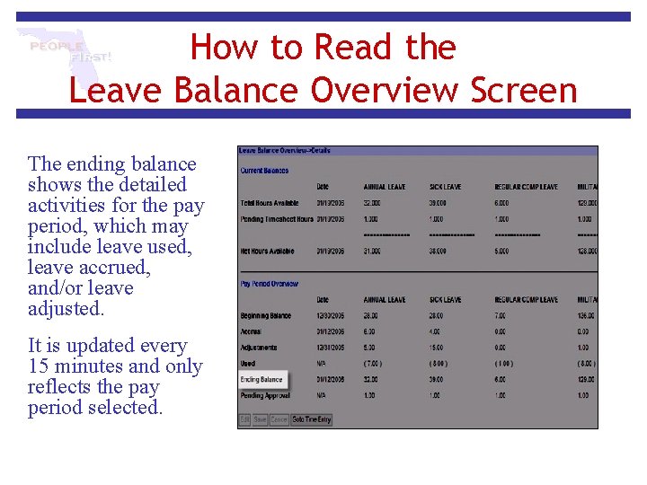How to Read the Leave Balance Overview Screen The ending balance shows the detailed How to Read the Leave Balance Overview Screen The ending balance shows the detailed
