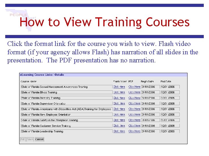 How to View Training Courses Click the format link for the course you wish