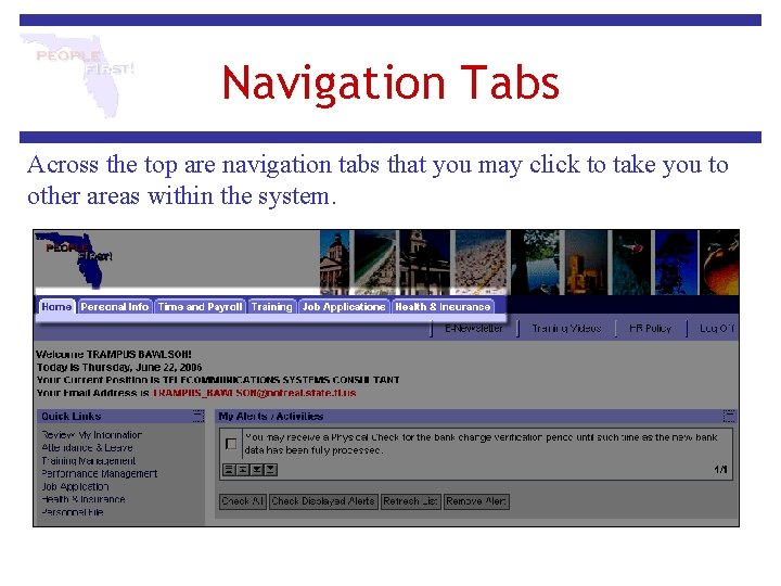 Navigation Tabs Across the top are navigation tabs that you may click to take