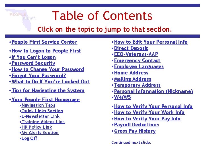 Table of Contents Click on the topic to jump to that section. • People Table of Contents Click on the topic to jump to that section. • People