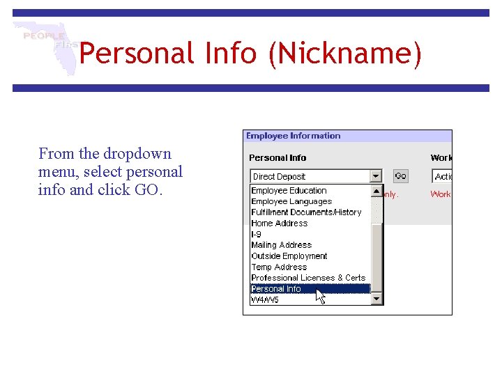 Personal Info (Nickname) From the dropdown menu, select personal info and click GO. 