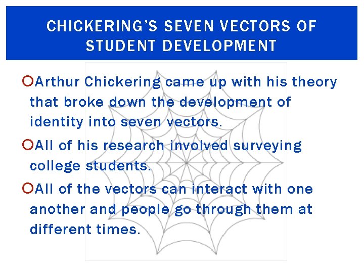 CHICKERING’S SEVEN VECTORS OF STUDENT DEVELOPMENT Arthur Chickering came up with his theory that