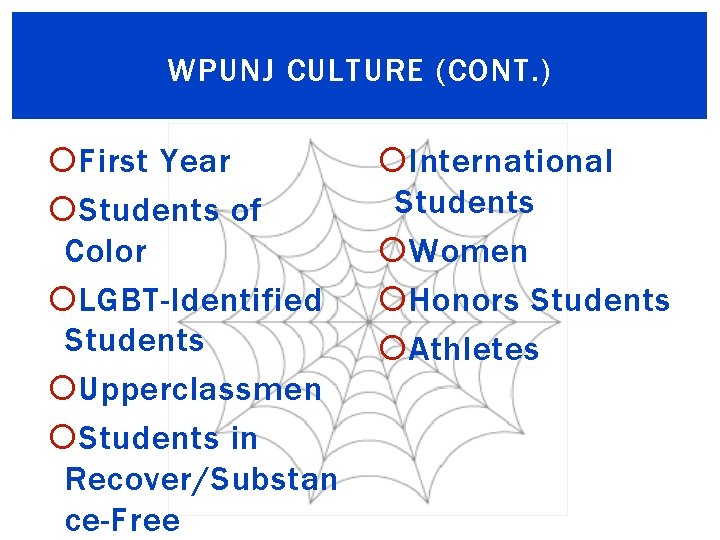 WPUNJ CULTURE (CONT. ) First Year Students of Color LGBT-Identified Students Upperclassmen Students in