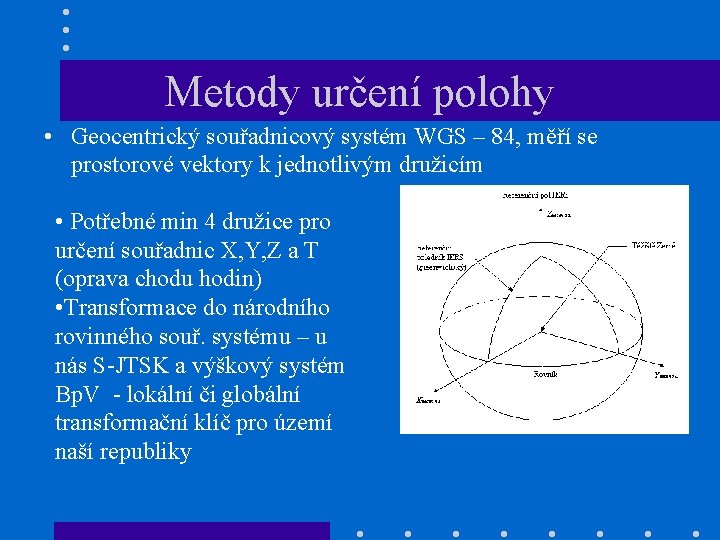 Metody určení polohy • Geocentrický souřadnicový systém WGS – 84, měří se prostorové vektory