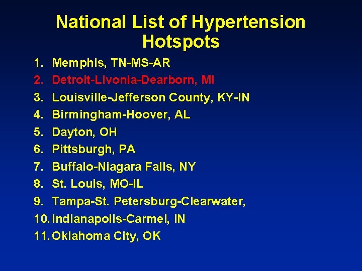 National List of Hypertension Hotspots 1. Memphis, TN-MS-AR 2. Detroit-Livonia-Dearborn, MI 3. Louisville-Jefferson County,