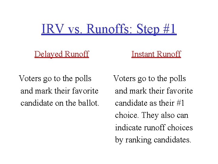 IRV vs. Runoffs: Step #1 Delayed Runoff Voters go to the polls and mark