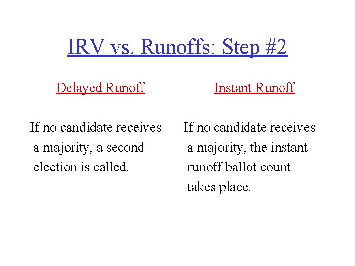 IRV vs. Runoffs: Step #2 Delayed Runoff If no candidate receives a majority, a