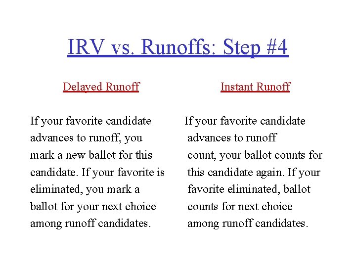 IRV vs. Runoffs: Step #4 Delayed Runoff Instant Runoff If your favorite candidate advances