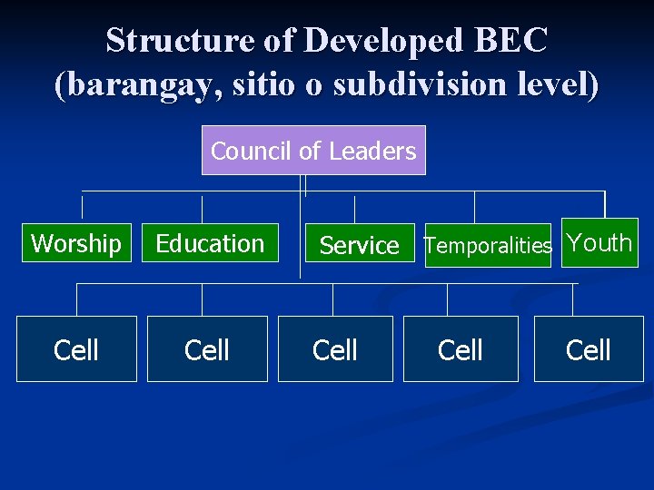 Structure of Developed BEC (barangay, sitio o subdivision level) Council of Leaders Worship Education