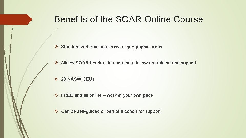 Benefits of the SOAR Online Course Standardized training across all geographic areas Allows SOAR