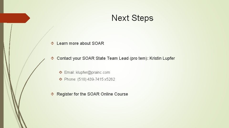 Next Steps Learn more about SOAR Contact your SOAR State Team Lead (pro tem):