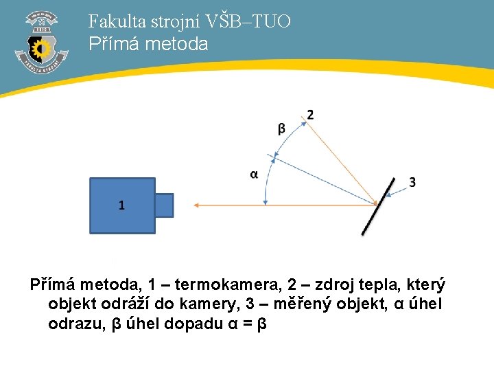 Fakulta strojní VŠB–TUO Přímá metoda, 1 – termokamera, 2 – zdroj tepla, který objekt