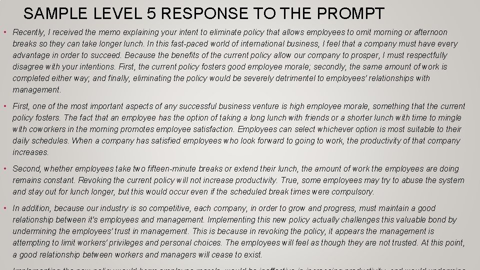  • SAMPLE LEVEL 5 RESPONSE TO THE PROMPT Recently, I received the memo