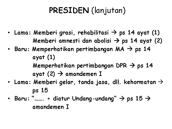 PRESIDEN (lanjutan) • Lama: Memberi grasi, rehabilitasi ps 14 ayat (1) Memberi amnesti dan