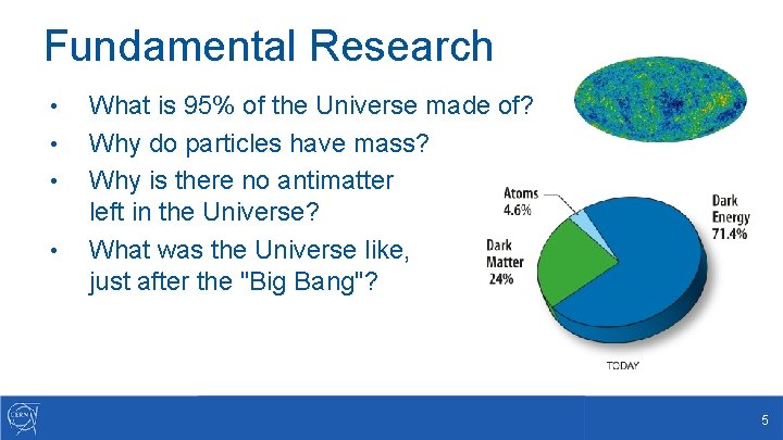Fundamental Research • • What is 95% of the Universe made of? Why do