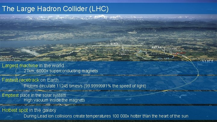 The Large Hadron Collider (LHC) Largest machine in the world 27 km, 6000+ superconducting