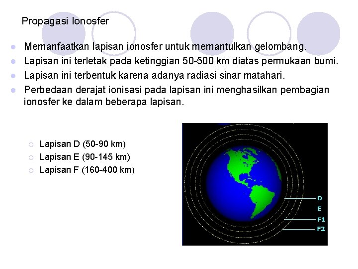 Propagasi Ionosfer Memanfaatkan lapisan ionosfer untuk memantulkan gelombang. Lapisan ini terletak pada ketinggian 50