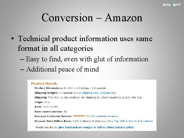 Conversion – Amazon • Technical product information uses same format in all categories –