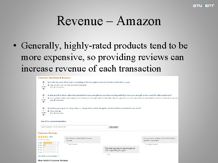 Revenue – Amazon • Generally, highly-rated products tend to be more expensive, so providing