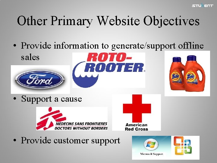 Other Primary Website Objectives • Provide information to generate/support offline sales • Support a