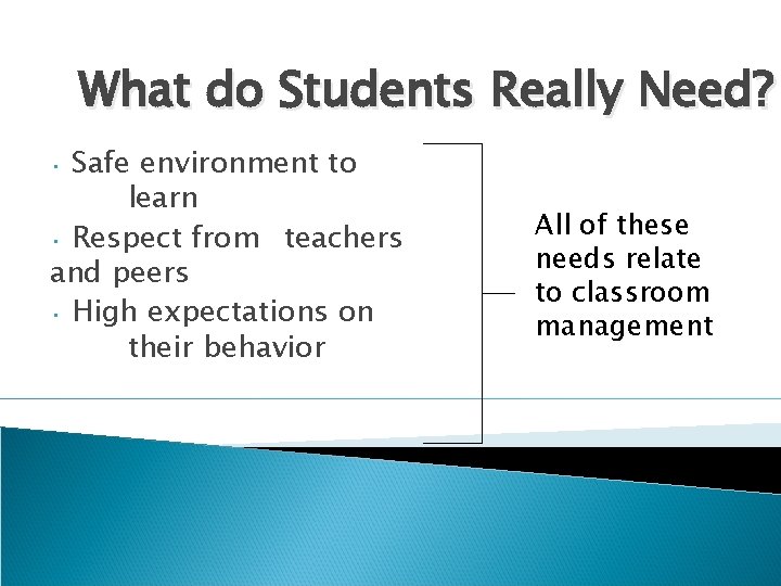 What do Students Really Need? Safe environment to learn • Respect from teachers and