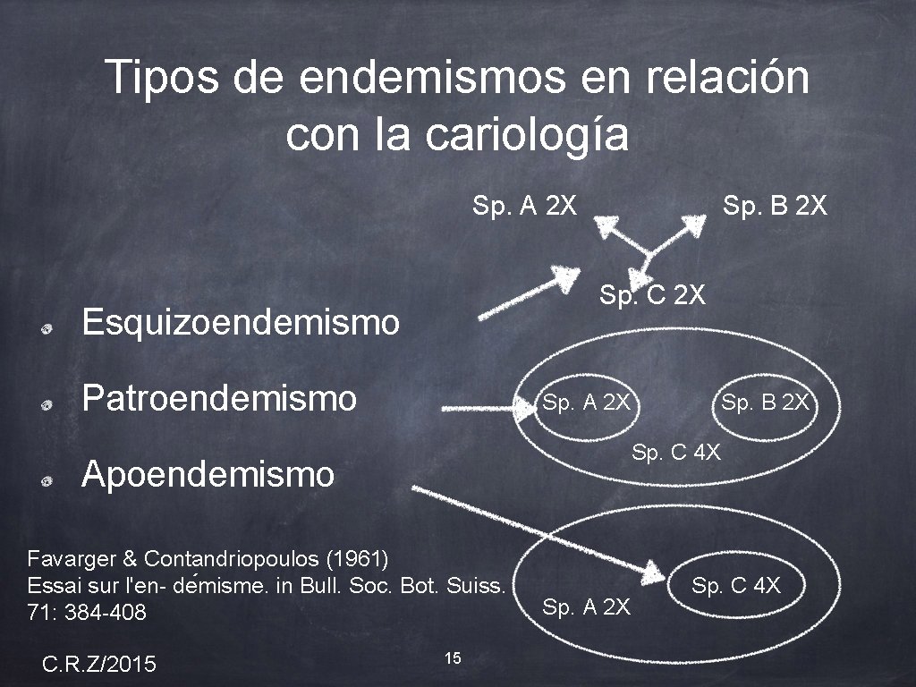 Tipos de endemismos en relación con la cariología Sp. A 2 X Sp. B