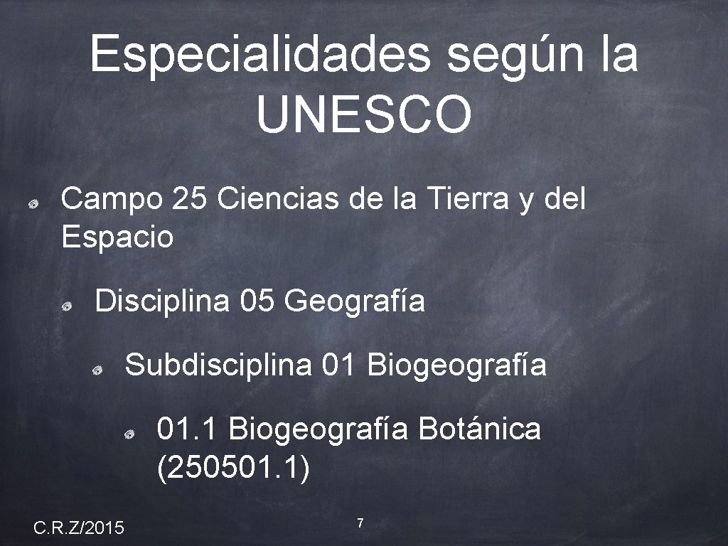 Especialidades según la UNESCO Campo 25 Ciencias de la Tierra y del Espacio Disciplina