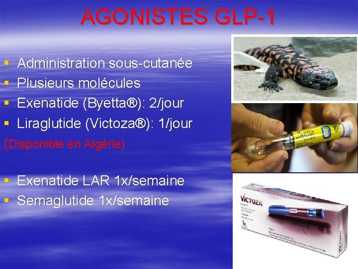 AGONISTES GLP-1 § Administration sous-cutanée § Plusieurs molécules § Exenatide (Byetta®): 2/jour § Liraglutide