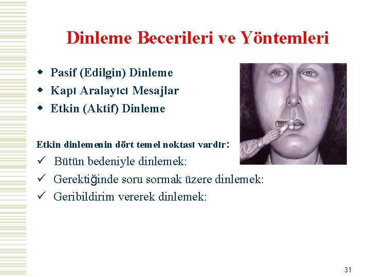 Dinleme Becerileri ve Yöntemleri w Pasif (Edilgin) Dinleme w Kapı Aralayıcı Mesajlar w Etkin