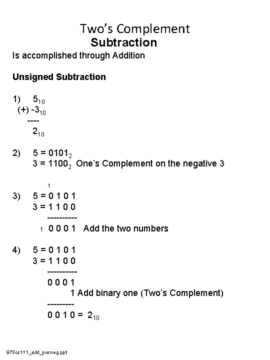 Two’s Complement Subtraction Is accomplished through Addition Unsigned Subtraction 1) 510 (+) -310 ---210