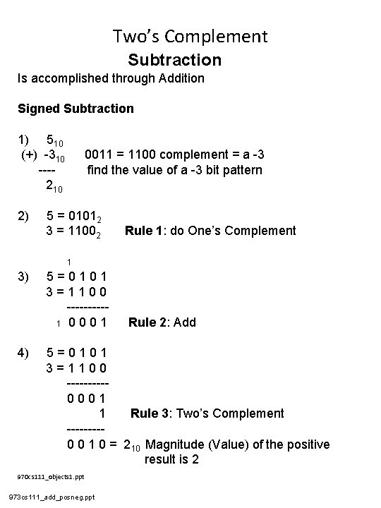 Two’s Complement Subtraction Is accomplished through Addition Signed Subtraction 1) 510 (+) -310 ---210