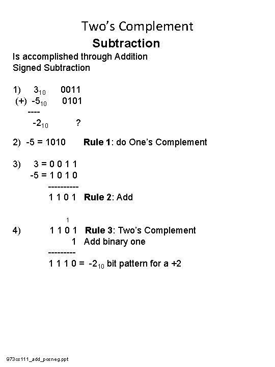 Two’s Complement Subtraction Is accomplished through Addition Signed Subtraction 1) 310 (+) -510 ----210