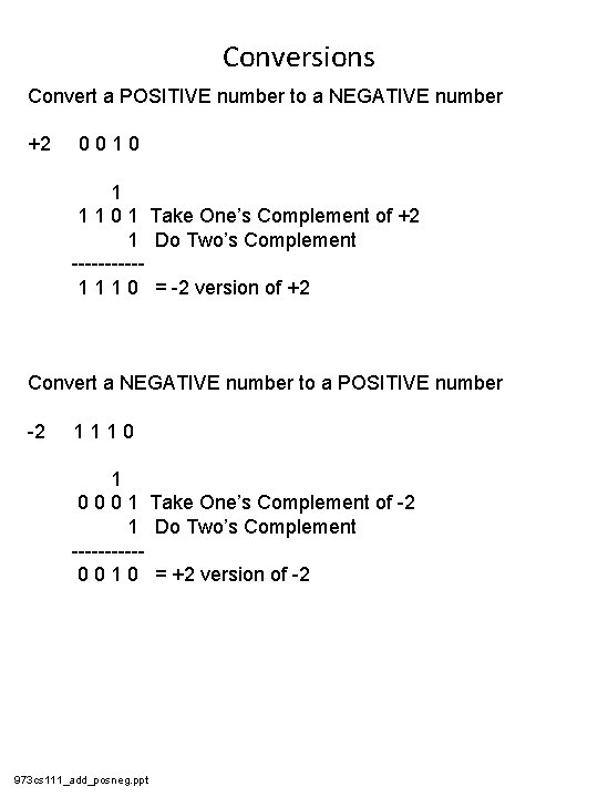 Conversions Convert a POSITIVE number to a NEGATIVE number +2 0010 1 1 1