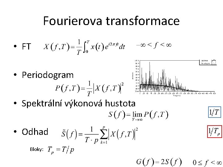 Fourierova transformace • FT • Periodogram • Spektrální výkonová hustota • Odhad Bloky: 