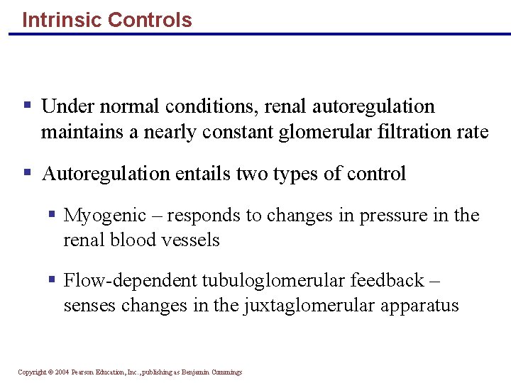 Intrinsic Controls § Under normal conditions, renal autoregulation maintains a nearly constant glomerular filtration