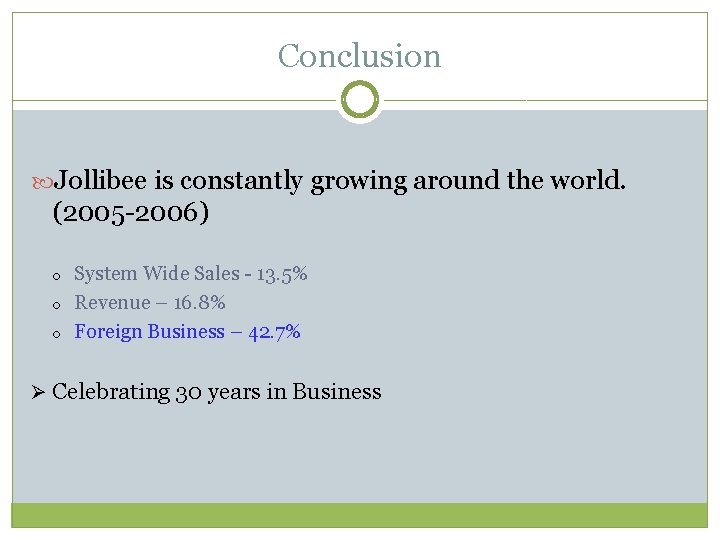 Conclusion Jollibee is constantly growing around the world. (2005 -2006) o o o System