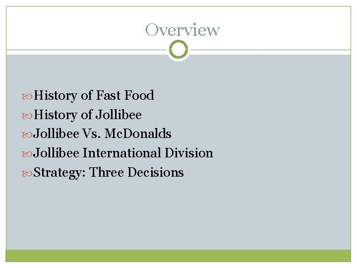 Overview History of Fast Food History of Jollibee Vs. Mc. Donalds Jollibee International Division