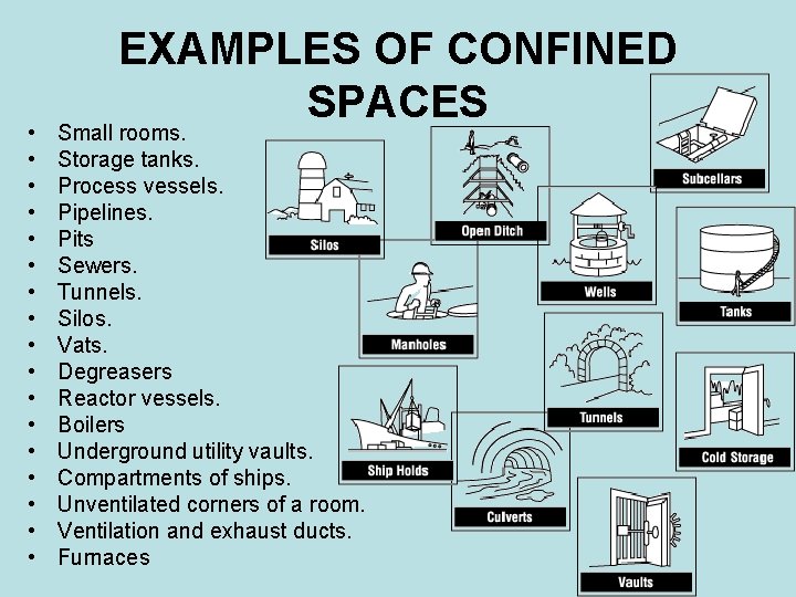  • • • • • EXAMPLES OF CONFINED SPACES Small rooms. Storage tanks.