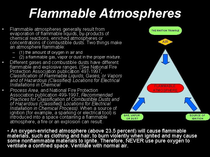 Flammable Atmospheres • Flammable atmospheres generally result from evaporation of flammable liquids, by-products of