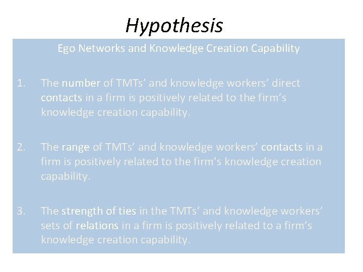 Hypothesis Ego Networks and Knowledge Creation Capability 1. The number of TMTs’ and knowledge