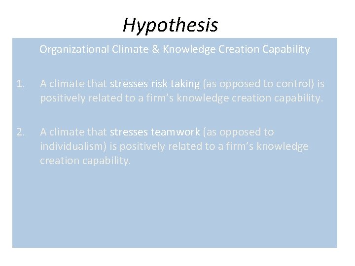 Hypothesis Organizational Climate & Knowledge Creation Capability 1. A climate that stresses risk taking