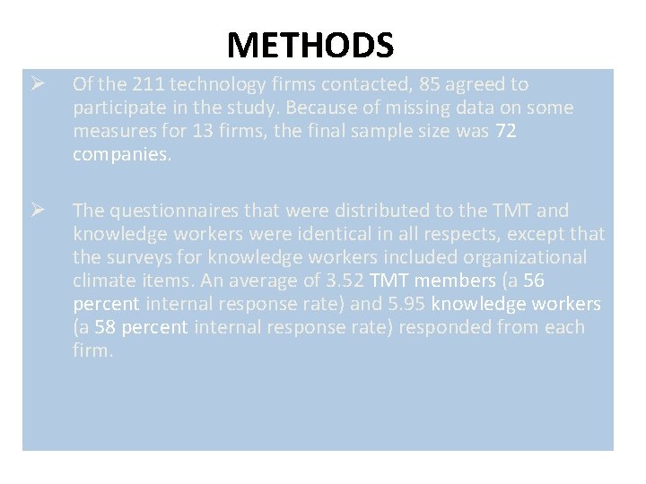 METHODS Ø Of the 211 technology firms contacted, 85 agreed to participate in the