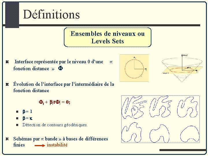 Définitions Ensembles de niveaux ou Levels Sets Interface représentée par le niveau 0 d’une