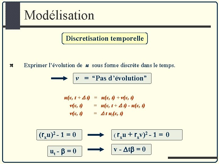 Modélisation Discretisation temporelle Exprimer l’évolution de u sous forme discrète dans le temps. v