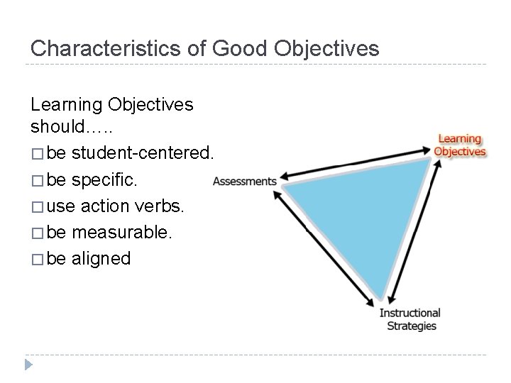Characteristics of Good Objectives Learning Objectives should…. . � be student-centered. � be specific.